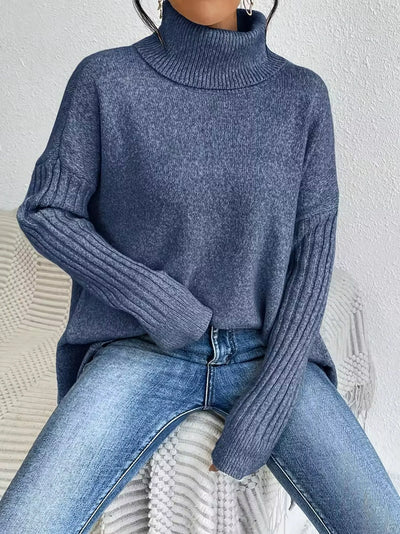 Damen Strickrollkragenpullover mit Gerippten Ärmeln