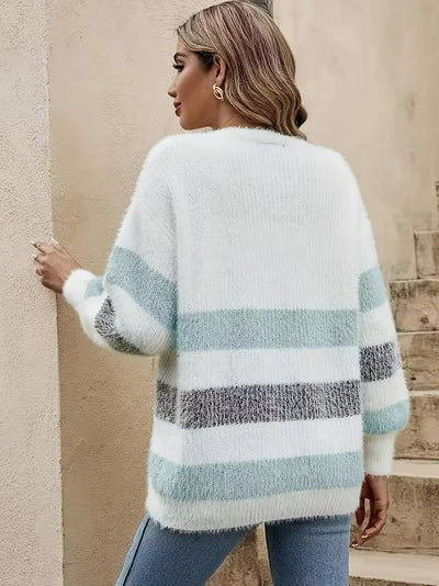 Damen Weiche Strickjacke mit Streifen und Knöpfen
