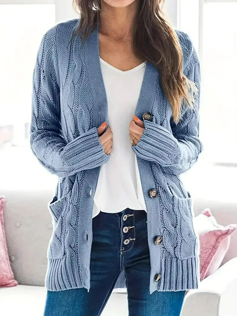 Damen Zopfmuster-Strickjacke mit Taschen und Knöpfen