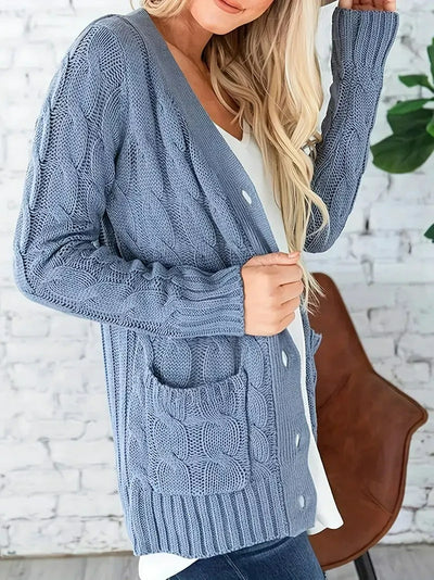 Damen Zopfmuster-Strickjacke mit Taschen und Knöpfen