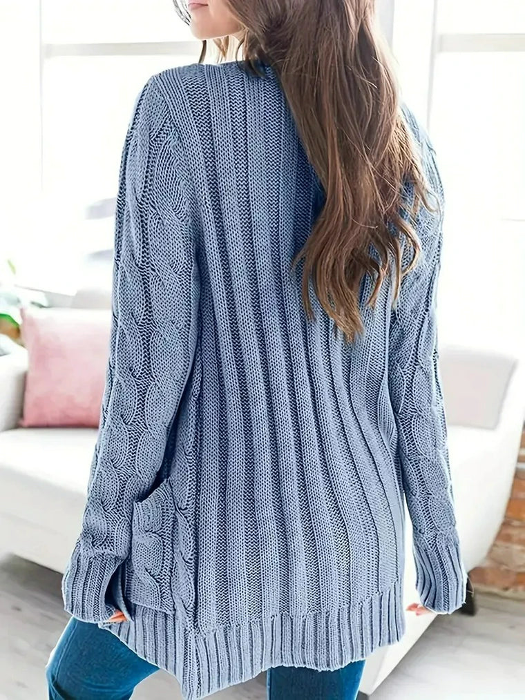 Damen Zopfmuster-Strickjacke mit Taschen und Knöpfen