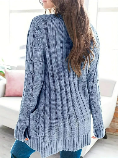 Damen Zopfmuster-Strickjacke mit Taschen und Knöpfen