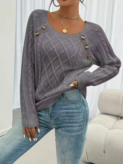 Damen Zopfstrickpullover mit Seitlichen Knöpfen und U-Boot-Ausschnitt