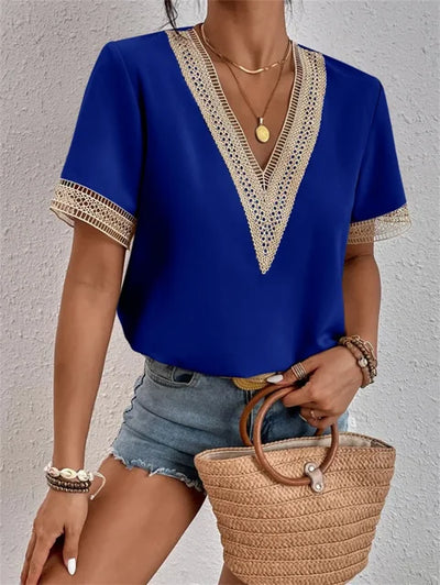 Damen Sommerbluse mit V-Ausschnitt und bestickten Details