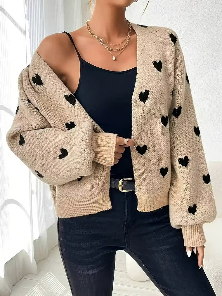 Damen Strick-Cardigan mit Herzmuster und Gerippten Bündchen Saum