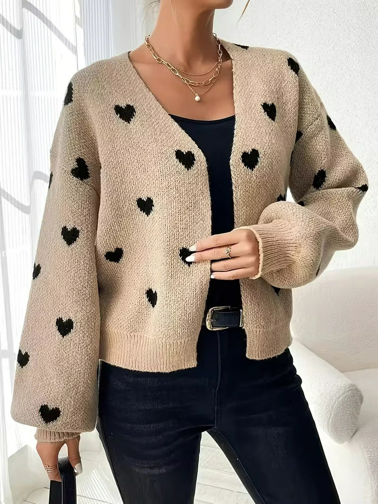 Damen Strick-Cardigan mit Herzmuster und Gerippten Bündchen Saum