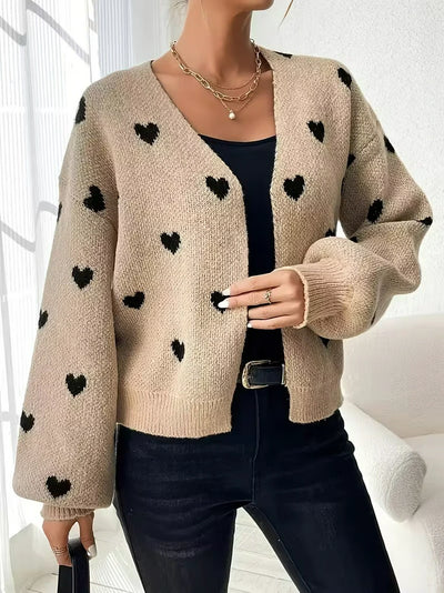 Damen Strick-Cardigan mit Herzmuster und Gerippten Bündchen Saum