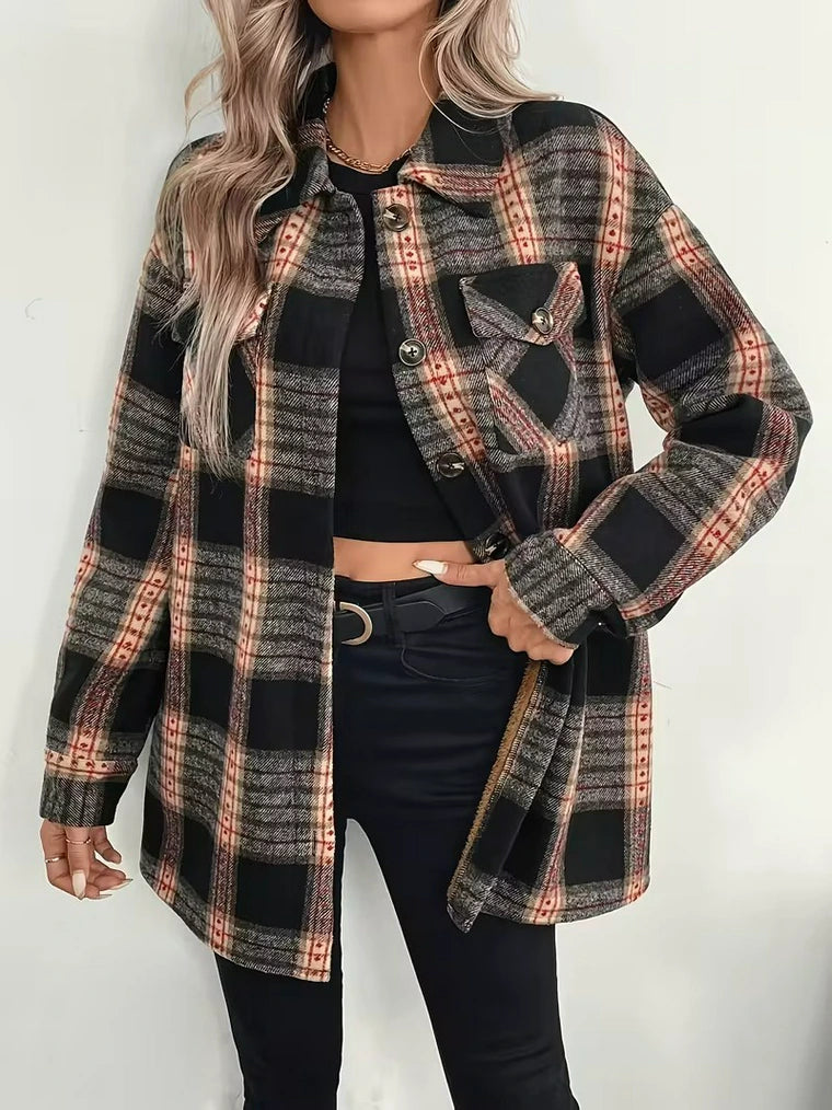 Damen Karierte Jacke mit Knöpfen und Taschen