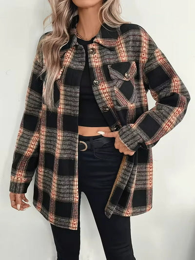Damen Karierte Jacke mit Knöpfen und Taschen