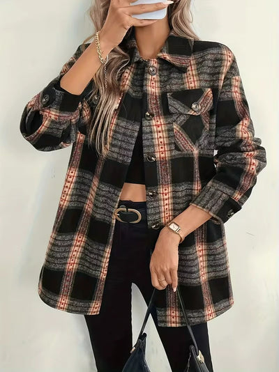 Damen Karierte Jacke mit Knöpfen und Taschen