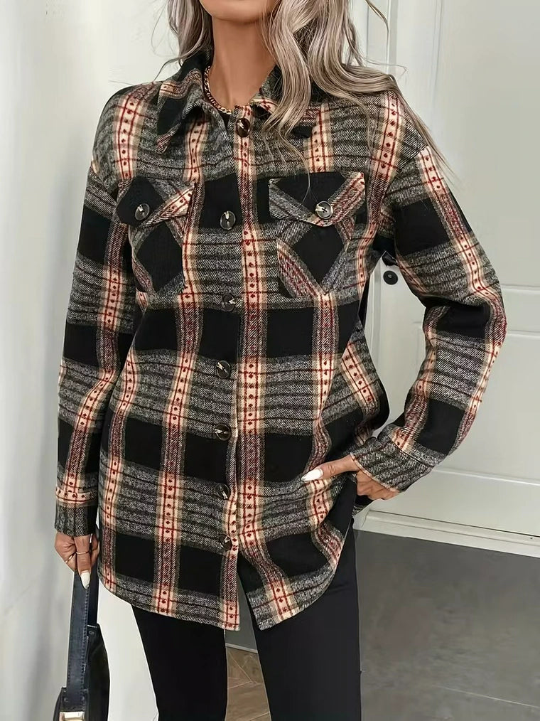 Damen Karierte Jacke mit Knöpfen und Taschen