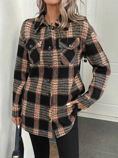Damen Karierte Jacke mit Knöpfen und Taschen