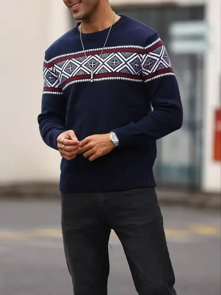 Herren-Jacquard-Strickpullover mit geometrischem Muster