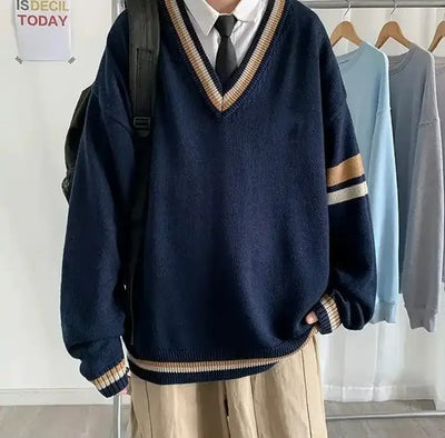 Herren-Pullover mit V-Ausschnitt und gestreiften Akzenten