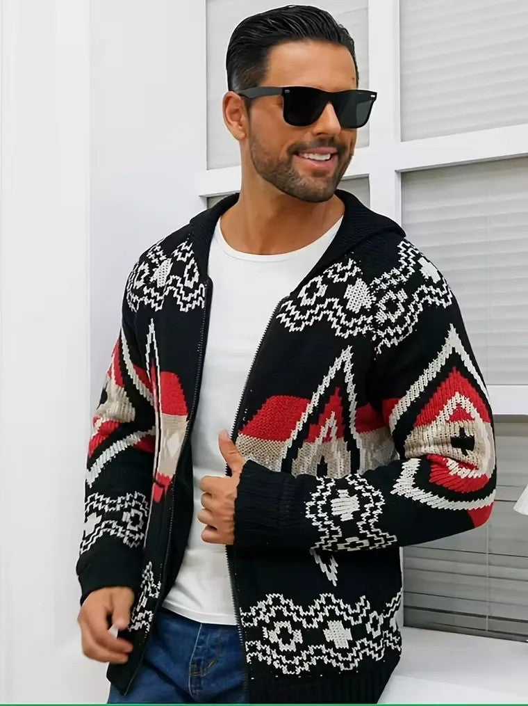 Herren-Strickjacke mit Reverskragen und geometrischem Jacquardmuster