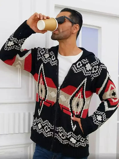 Herren-Strickjacke mit Reverskragen und geometrischem Jacquardmuster