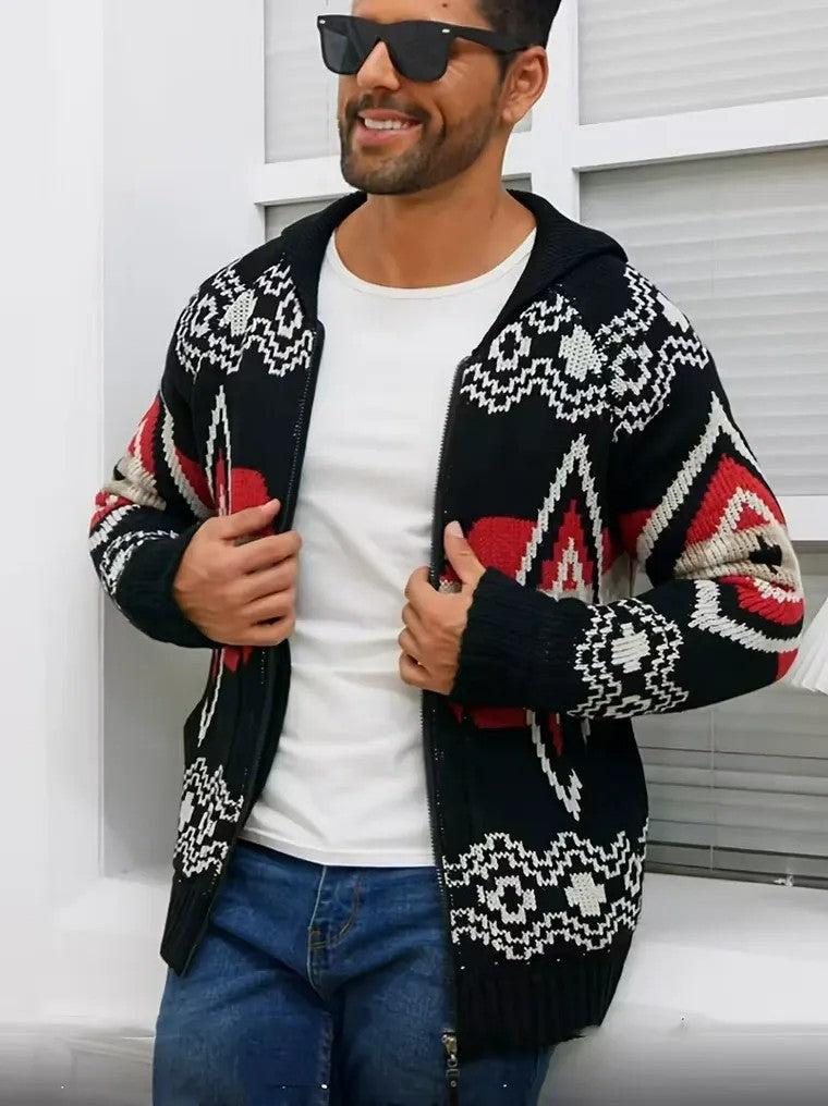 Herren-Strickjacke mit Reverskragen und geometrischem Jacquardmuster