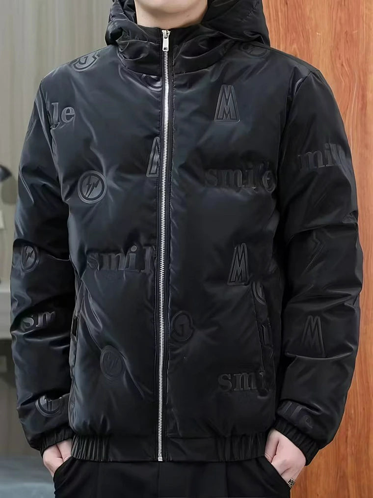 Herren Daunenjacke mit Kapuze und Smiley-Prints