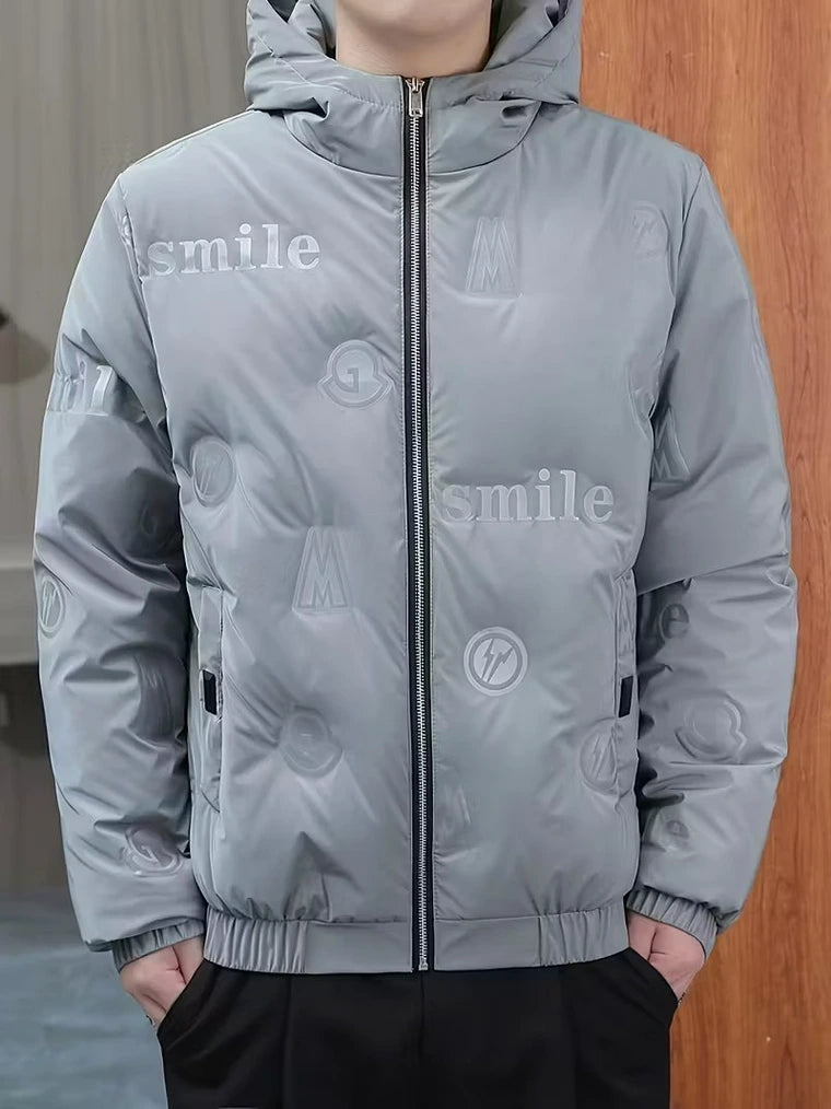 Herren Daunenjacke mit Kapuze und Smiley-Prints