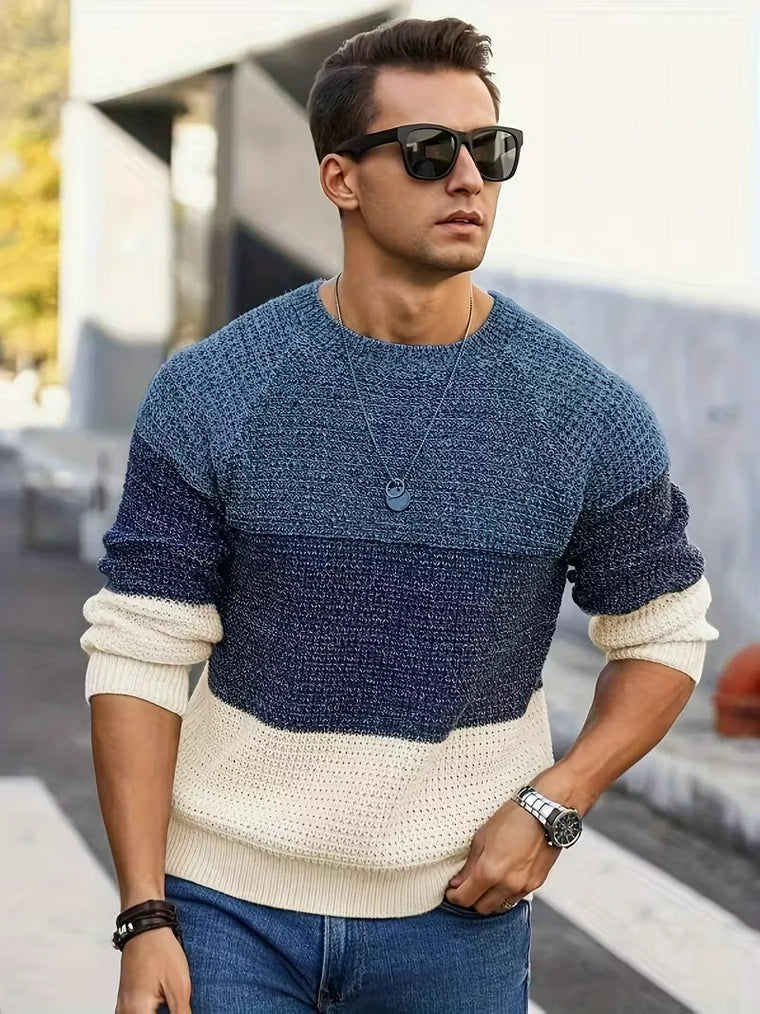 Herren Gestreifter Strickpullover mit Rundhalsausschnitt