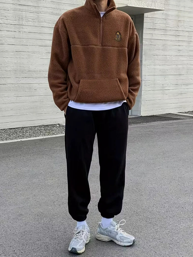 Herren Hohem Kragen Strickpullover mit Kängurutasche und Half-Zip