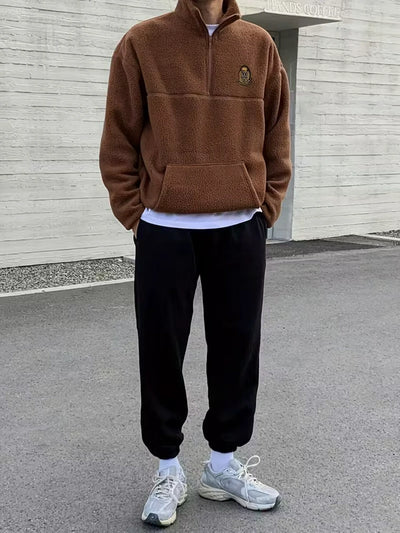 Herren Hohem Kragen Strickpullover mit Kängurutasche und Half-Zip