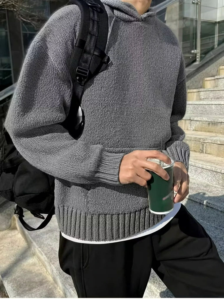 Herren Kapuze Strickpullover mit Kängurutasche und Gerippten Bündchen Saum