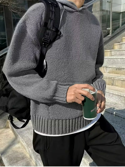 Herren Kapuze Strickpullover mit Kängurutasche und Gerippten Bündchen Saum
