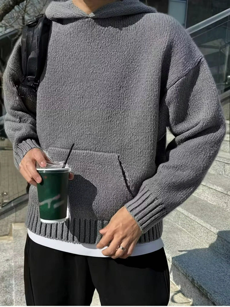 Herren Kapuze Strickpullover mit Kängurutasche und Gerippten Bündchen Saum
