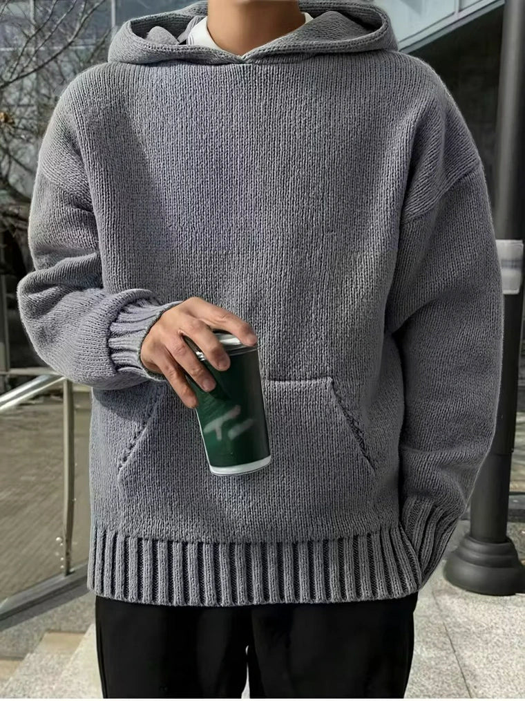 Herren Kapuze Strickpullover mit Kängurutasche und Gerippten Bündchen Saum