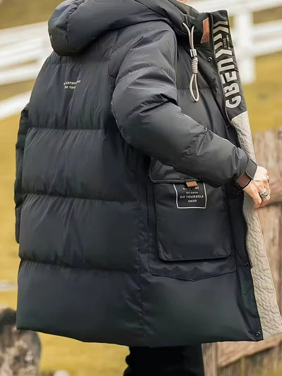 Herren Kapuze Winterjacke mit Schriftprint und Großen Taschen