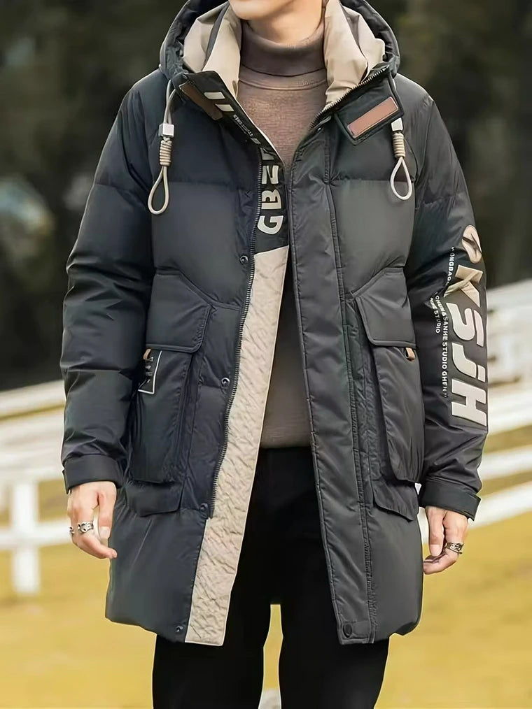 Herren Kapuze Winterjacke mit Schriftprint und Großen Taschen