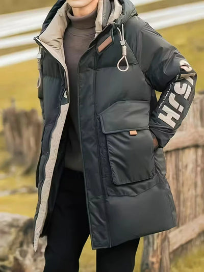 Herren Kapuze Winterjacke mit Schriftprint und Großen Taschen