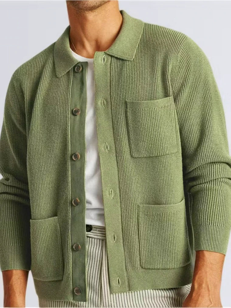 Herren Ripp-Strickjacke mit Drei Taschen Und Kragen
