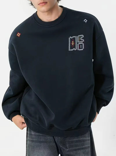 Herren Rundhals-Pullover mit Stickapplikationen und Geripptem Saum