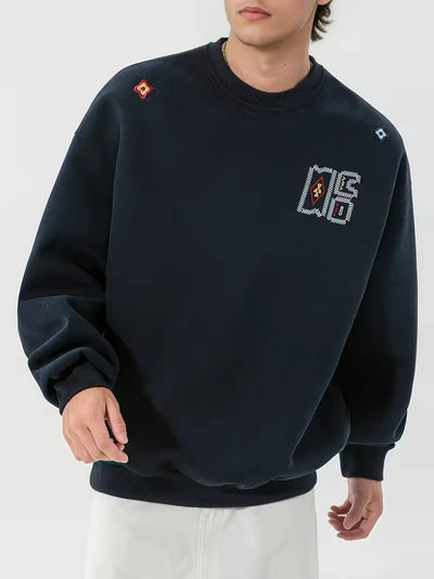 Herren Rundhals-Pullover mit Stickapplikationen und Geripptem Saum