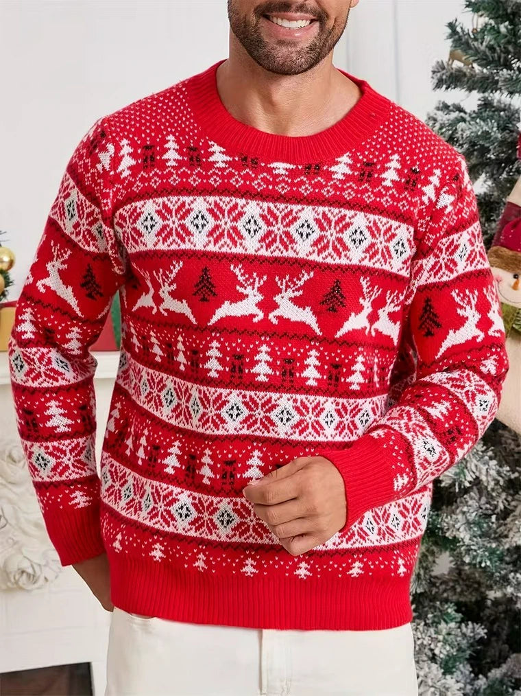 Herren Rundhals-Strickpullover mit Weihnachtsprint und Rippbündchen