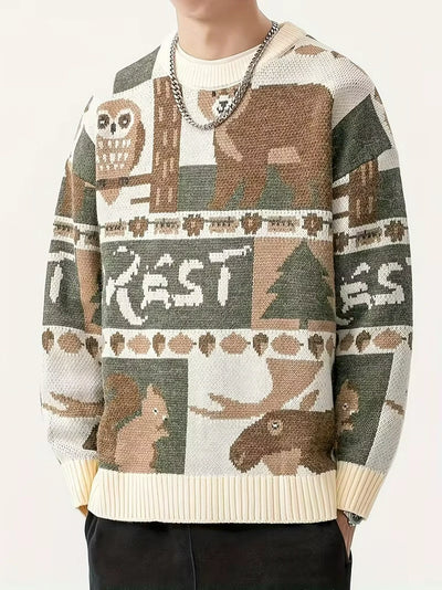 Herren Rundhalsausschnitt Pullover mit Animal-Print Und Geripptem Bündchensaum