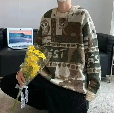 Herren Rundhalsausschnitt Pullover mit Animal-Print Und Geripptem Bündchensaum