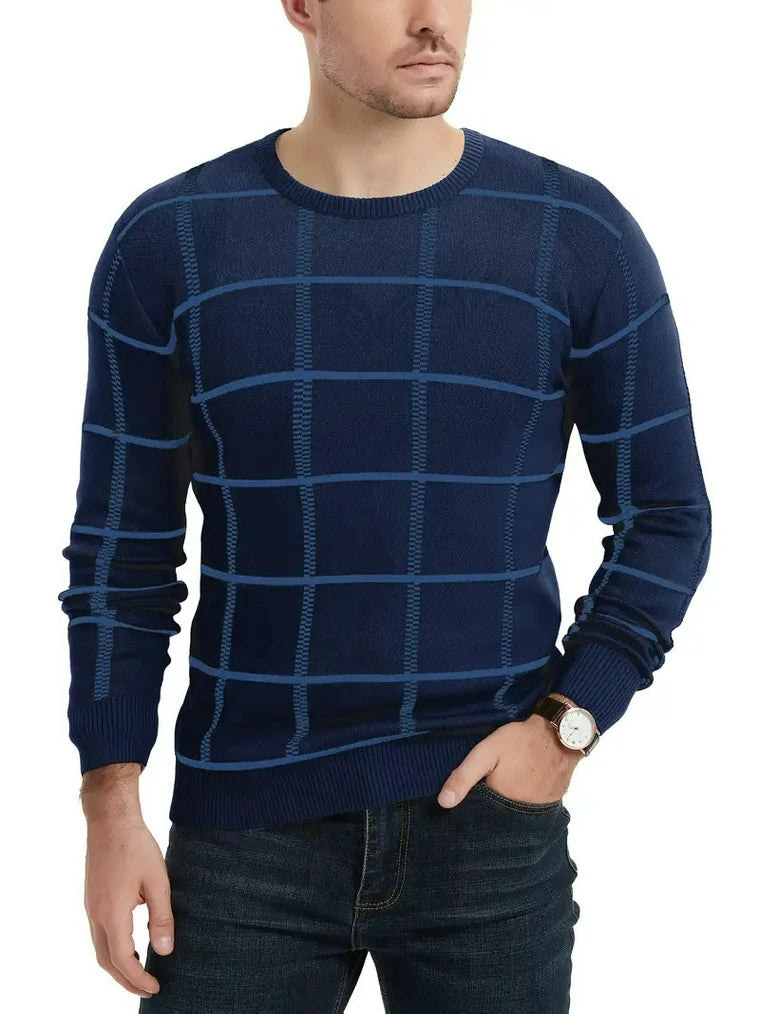 Herren Rundhalsausschnitt Strickpullover mit Karomuster und Rippstrick