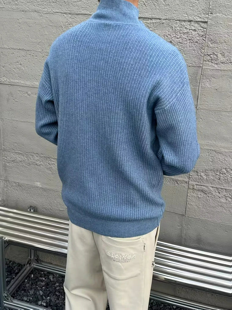 Herren Strickpullover mit Hohem Kragen und Halber Knopfleiste