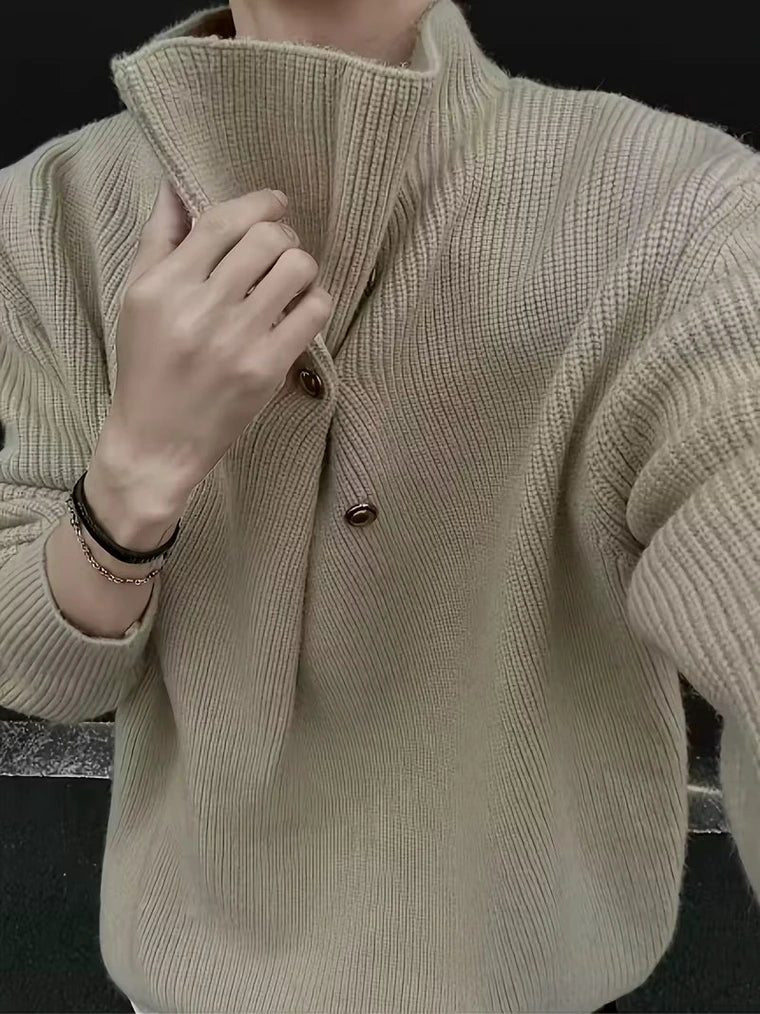 Herren Strickpullover mit Hohem Kragen und Seitlichen Knöpfen
