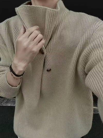 Herren Strickpullover mit Hohem Kragen und Seitlichen Knöpfen