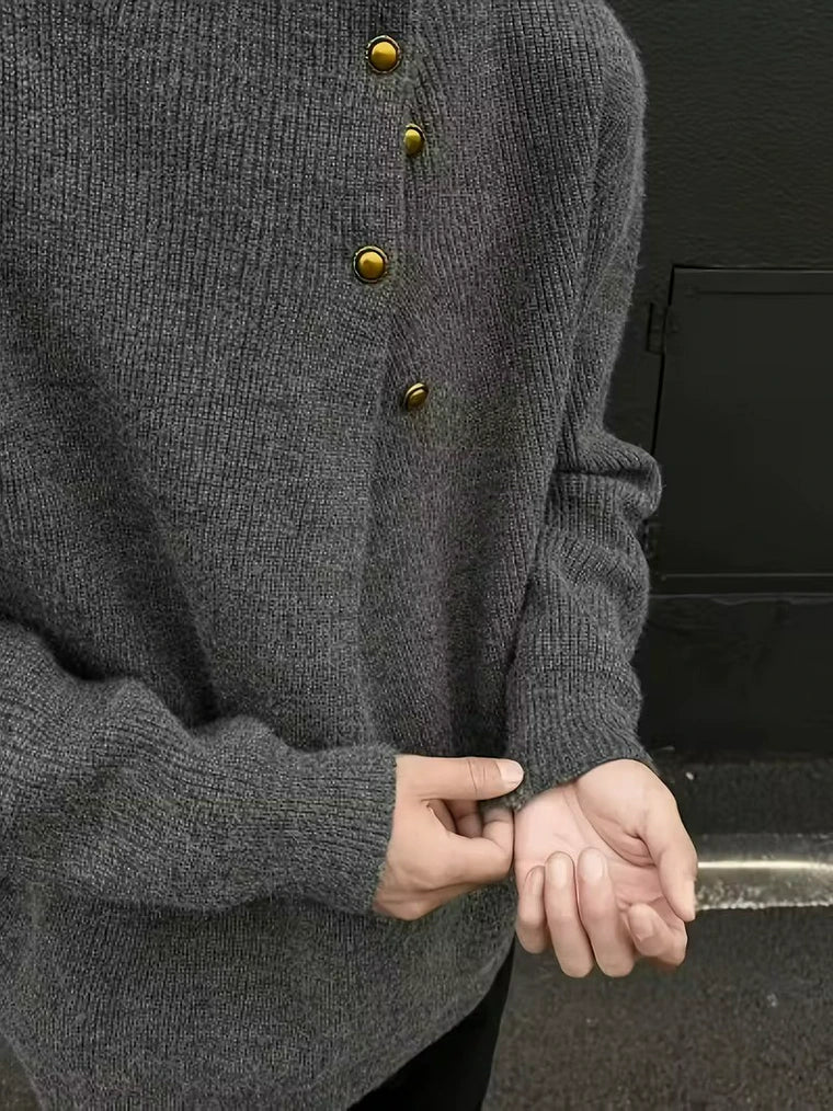Herren Strickpullover mit Hohem Kragen und Seitlichen Knöpfen