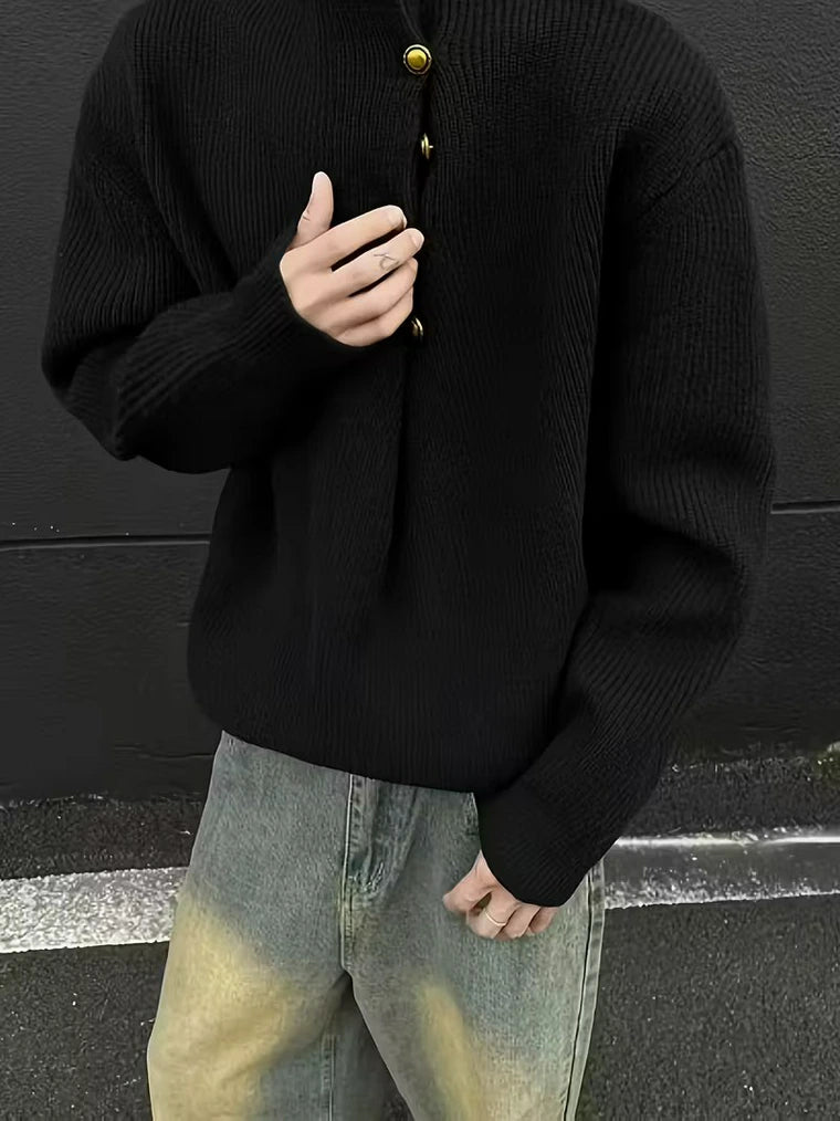 Herren Strickpullover mit Hohem Kragen und Seitlichen Knöpfen
