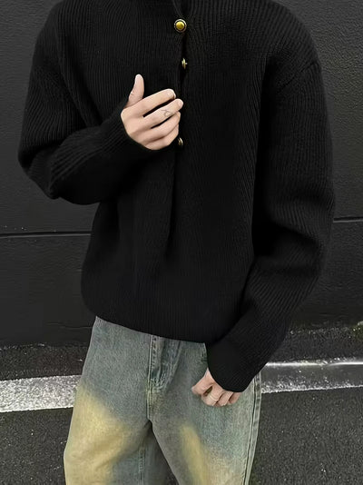 Herren Strickpullover mit Hohem Kragen und Seitlichen Knöpfen