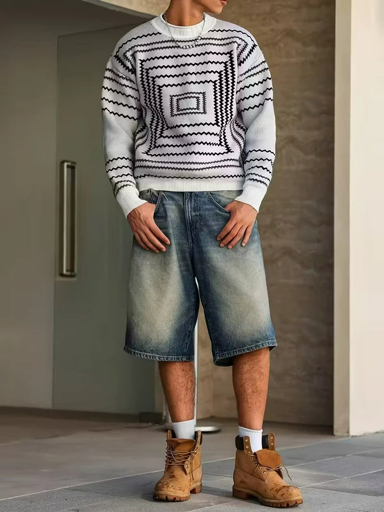 Herren Strickpullover mit Muster Und Geripptem Bündchensaum