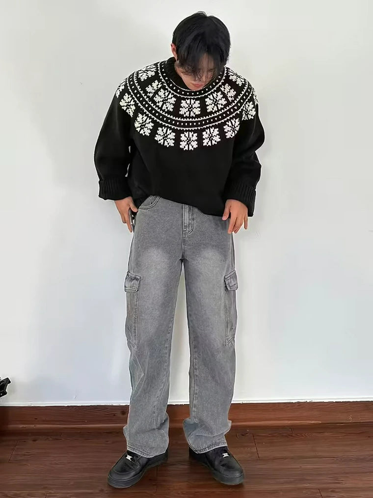 Herren Strickpullover mit Patchwork-Design und Rippbündchen