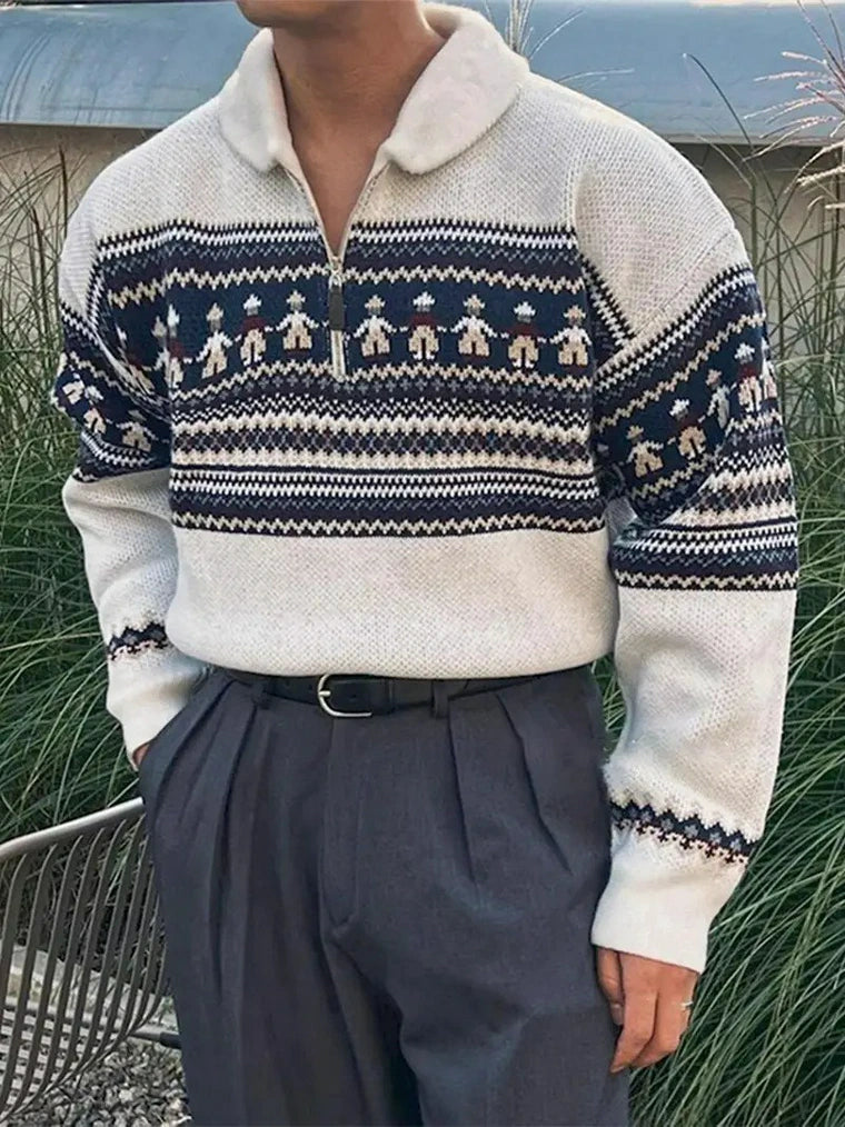Herren Strickpullover mit Reißverschlusskragen und Geometrischem Muster