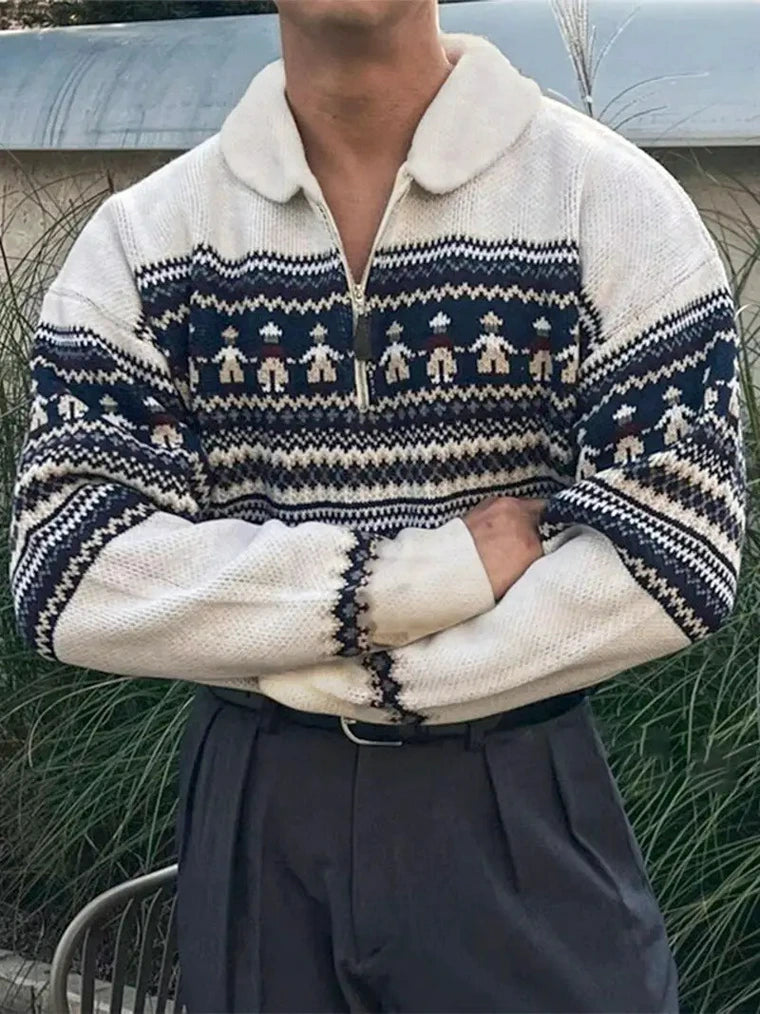Herren Strickpullover mit Reißverschlusskragen und Geometrischem Muster